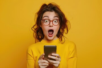 Fototapeta premium Surprise Phone. Excited Woman with Open Mouth Holding Smartphone. Emotional Girl Looking at Screen with Bright Yellow Background