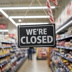 We're Closed Sign Hanging in a Supermarket Aisle with Candy Cane Decoration for Holiday Closure