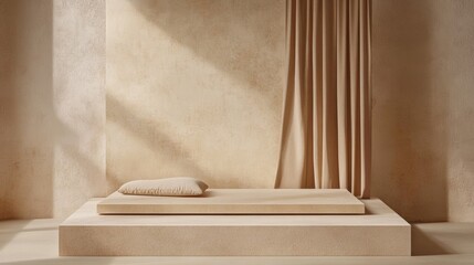 Beige pastel podium with beige fabric, cloth premium background, mockup for branding, exhibitions and product presentation. Abstract minimal interior scene fashion background. 3d render