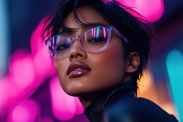 Close-up portrait of Asian woman with glasses under neon pink lights.