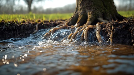 Fototapeta premium Tree roots exposed, water flowing around base in soil.