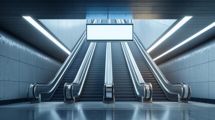 Fototapeta premium Modern escalators lead to a bright, minimalist transit station with sleek lines and soft lighting.
