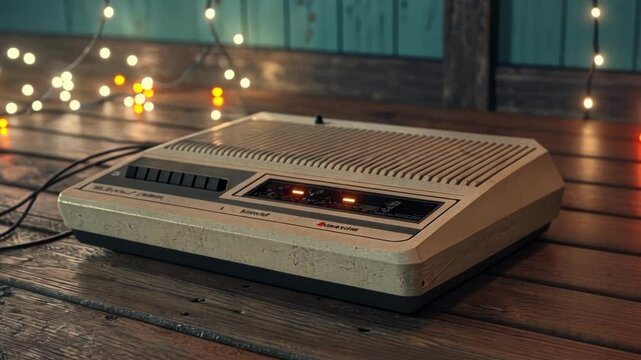 Vintage Tech An oldschool modem rests on a wooden surface adorned with blinking lights in various shades. Each pulse of light harmonizes with the distant sounds of a dialup