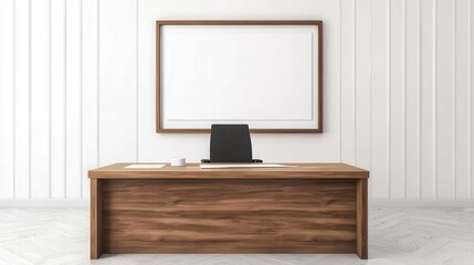 Modern office desk with an empty frame for creative display in a minimalistic workspace.