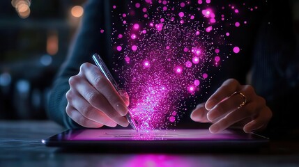 A person using a digital tablet, creating vibrant pink sparkles with a stylus, showcasing innovation and creativity.