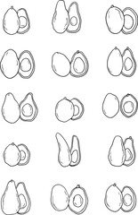 Avocado line art vector set. Whole avocado, halves of avocado and leaves. Hand drawn botanical elements isolated on a white background.  Avocado illustrations in doodle style