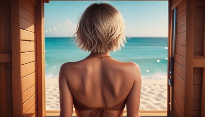 a blonde woman with short hair wearing a brown bikini swimwear in the cabin on the beach, back view