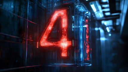 Glowing red number four in a futuristic glass cube.