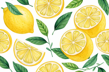 A vibrant pattern featuring whole and sliced lemons surrounded by green leaves, conveying freshness and a sunny vibe.