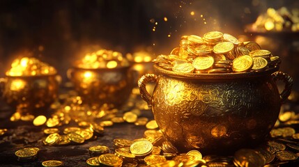 A shimmering pot filled with gold coins, surrounded by scattered treasures, evoking a sense of wealth and prosperity.