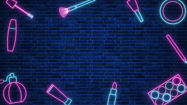 cosmetics products neon lights borde frame on brick wall animation, beauty and make up social media motion background