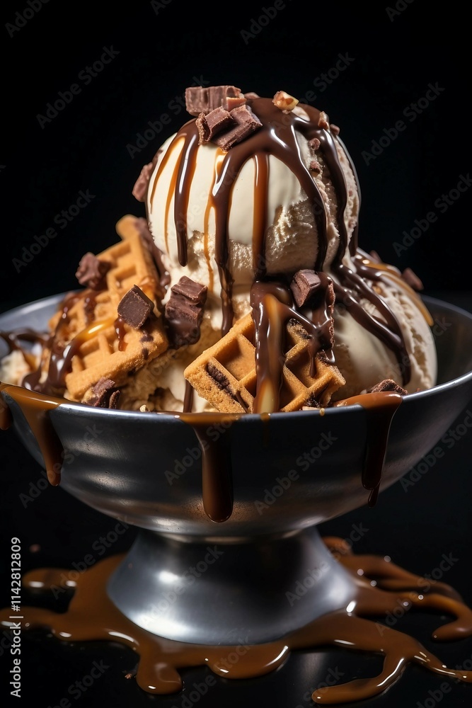 Wall mural Tempting Bowl of Ice Cream with Chocolate and Caramel Drizzle 