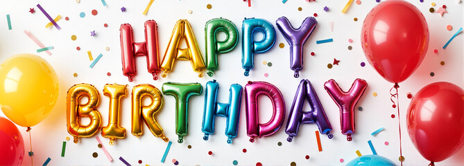 Happy Birthday Text with Balloons and Streamers on White Festive Background