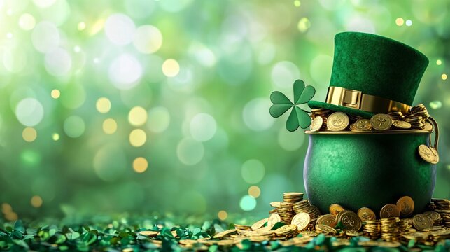 A vibrant green cauldron overflowing with gold coins and a shamrock, symbolizing St. Patrick's Day festivities. - Powered by Adobe