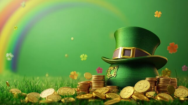 A festive green leprechaun hat surrounded by gold coins, evoking the spirit of St. Patrick's Day with a vibrant rainbow in the background.