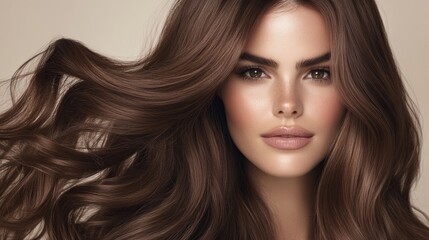 Fototapeta premium Brown hair close-up as a background. Women's long brown hair. Beautifully styled wavy shiny curls. Hair coloring. Hairdressing procedures, extension.