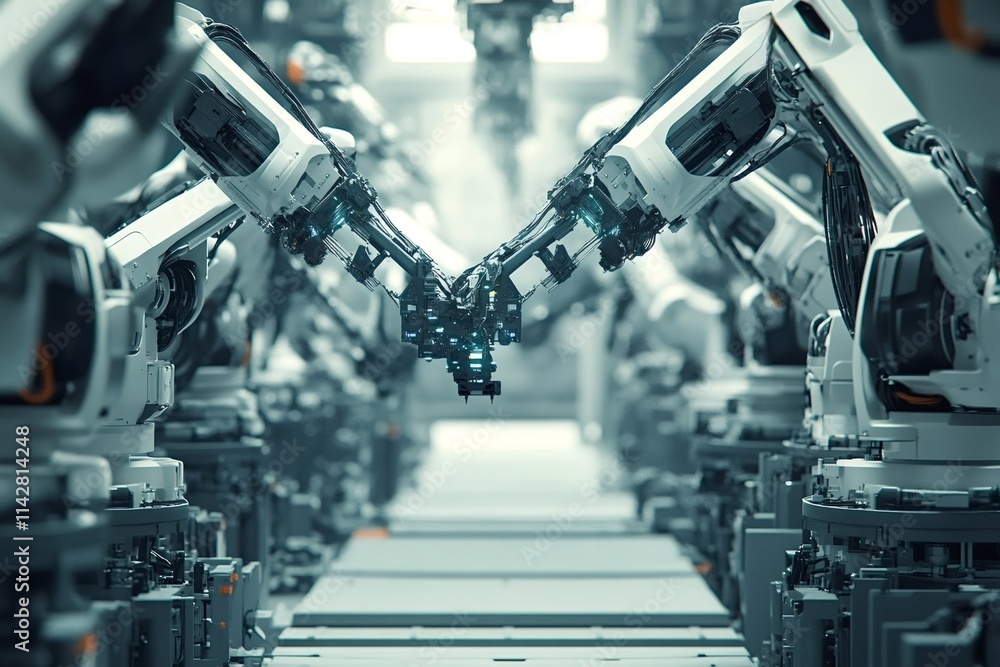 Poster two robotic arms are meeting in the center of a highly automated factory, representing collaborative