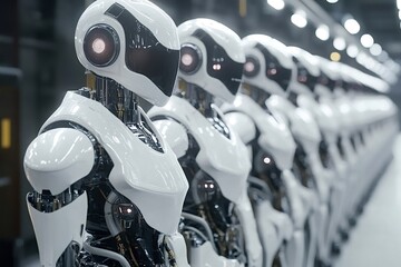 Fototapeta premium Group of humanoid robots is standing in a factory, possibly awaiting activation or deployment, showcasing advanced robotics and artificial intelligence