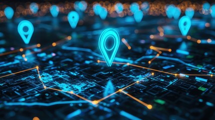 Navigation pins on city map. Navigate mapping locate position pins. Neon isometric abstract map background