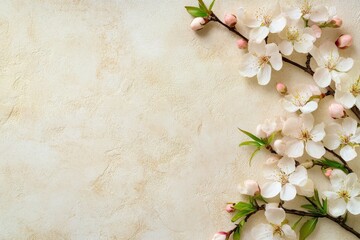 Spring background with white peach blossoms on a beige stone texture, top view.