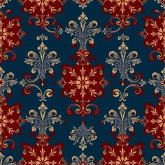 festive damask pattern: Elegant seamless pattern in rich burgundy and gold on a deep teal background. Perfect for holiday designs, textiles, or wallpapers.  