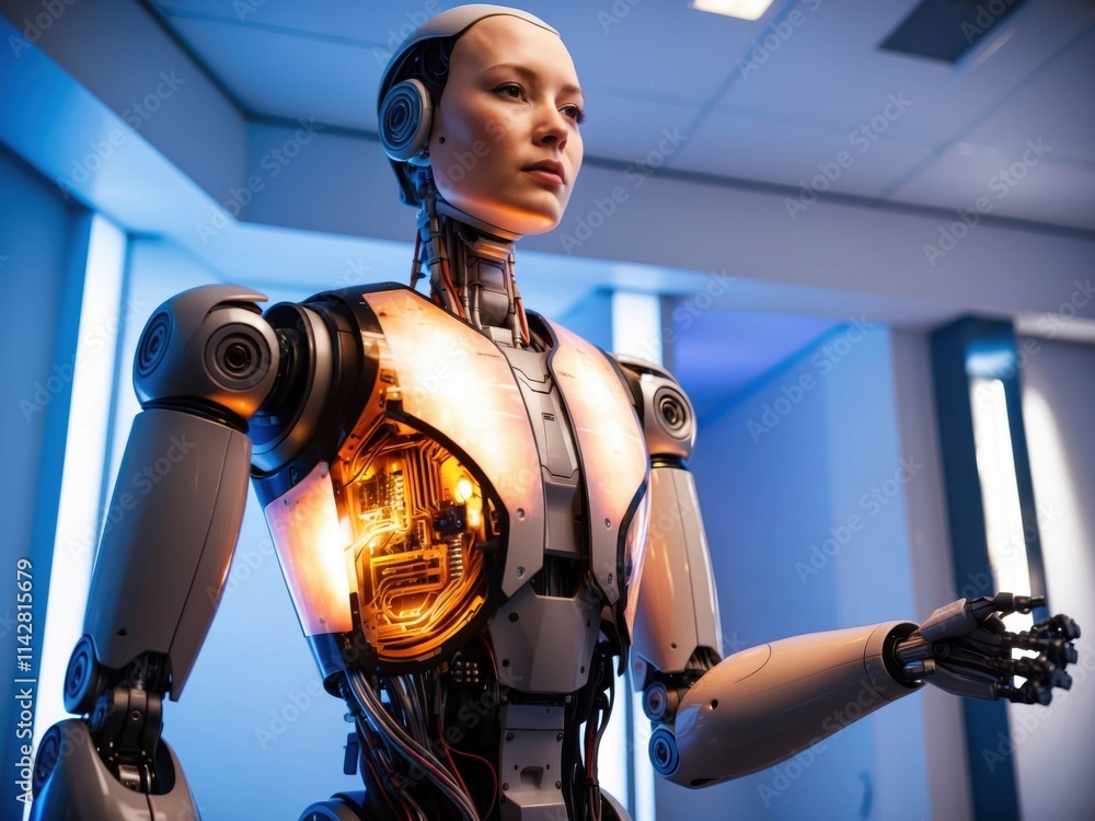Poster highly detailed close-up of a futuristic humanoid robot with illuminated circuitry in a modern, tech