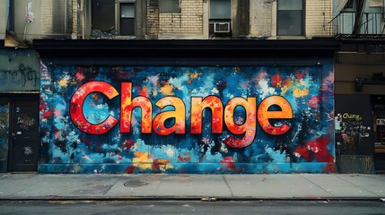 Obraz premium A large mural of the word change is painted on a building