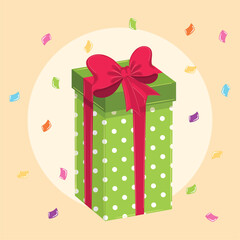 Red striped gift box with yellow ribbon and bow Vector Description