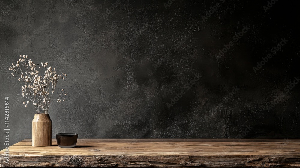 Aufkleber dark backdrop with wooden table featuring a simple vase and bowl in a minimalist setting