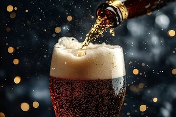 Bartender pouring a dark beer from a bottle into a glass, creating a creamy foam head with bubbles and a bokeh effect in the background, perfect for advertising or celebrating special occasions
