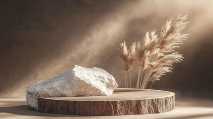 3D podium wood display on brown, background. Dry pampas grass and rock. Beige autumn cosmetic, beauty product promotion pedestal with shadow. Nature stone showcase. Abstract minimal studio 3D render