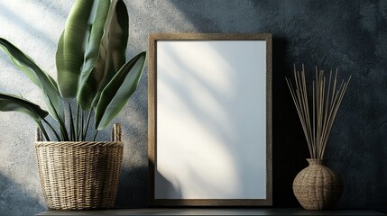 Mock-up frame standing on a commode in a charcoal black home interior close up, featuring a stylish basket, 3D render