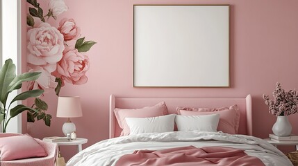 Mockup frame in a soft pastel bedroom interior background, Vintage chic style, decorated with floral wallpaper, 3D render