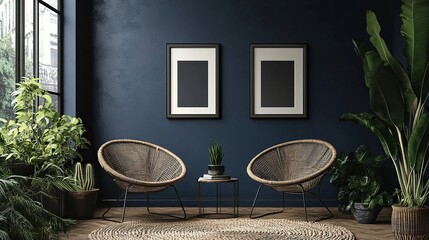 Mockup frame in a sleek interior, dark blue room with modern industrial furniture, featuring metal accents and an urban vibe,