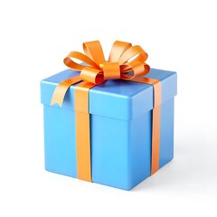 A bright blue gift box with an orange ribbon.