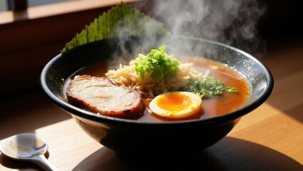 A steaming bowl of authentic Japanese ramen with rich broth, sliced pork, soft-boiled egg, and vibrant toppings in a traditional setting