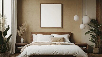 Mockup frame in a cozy bedroom interior background, Mid-century modern style, showcasing retro furniture and textures,