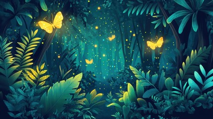 Enchanted Firefly Forest: A digital illustration of a mystical forest path at night, glowing fireflies and yellow butterflies dance amongst lush, vibrant foliage.  