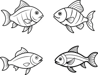 Fishes Line Art Vector Coloring Pages Illustration.