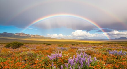 Brilliant double rainbow above flowery meadow with mountains in background