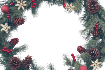Festive Christmas wreath. Round frame made of conifer branches decorated with cones, artificial red berries and decorative gold snowflakes. Wreath isolated PNG