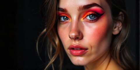 Fototapeta premium Stunning portrait of a young woman with vibrant makeup and expressive eyes on a dark background