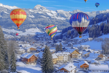 Hot air balloons over a snow-covered alpine village scenic view.