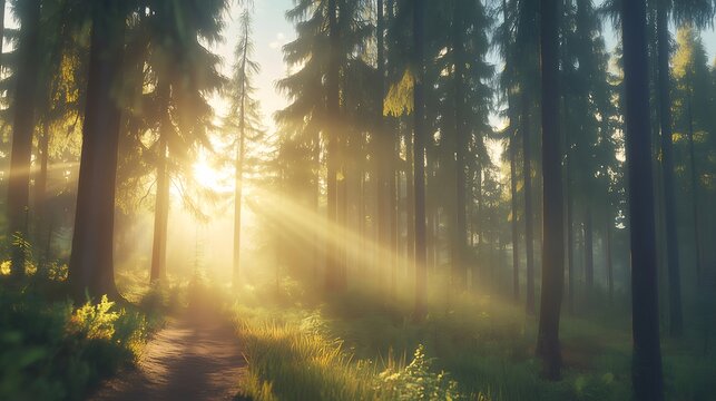 Sun rays illuminating a path through a misty forest.