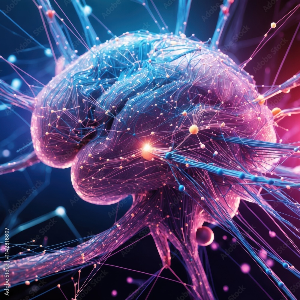 Poster exploring the vibrant complexities of the human brain with intricate neural connections and glowing 