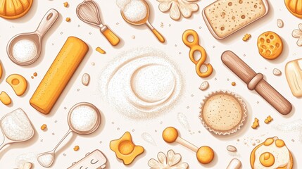 Sweet Treats and Baking Tools: A delightful seamless pattern featuring an array of baking tools and sweet treats, perfect for culinary backgrounds, websites, or packaging.   