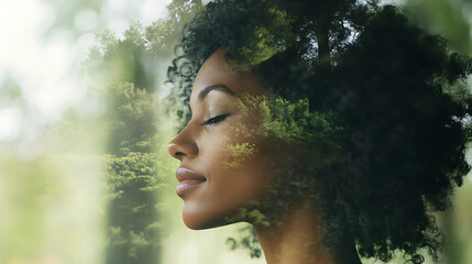 Serene Harmony: A woman finds peace in nature, her face partially overlaid with lush foliage, symbolizing a deep connection to the earth.