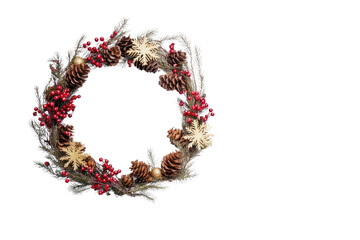 Festive Christmas wreath. Round frame made of conifer branches decorated with cones, artificial red berries and decorative gold snowflakes. Wreath isolated PNG