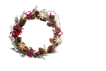 Festive Christmas wreath. Round frame made of conifer branches decorated with cones, artificial red berries and decorative gold snowflakes. Wreath isolated PNG