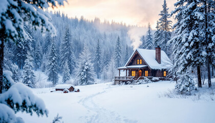 A cozy winter cabin nestled in a snowy landscape, with smoke rising gently from the chimney and warm light glowing from the windows, creating a welcoming atmosphere of comfort and serenity.